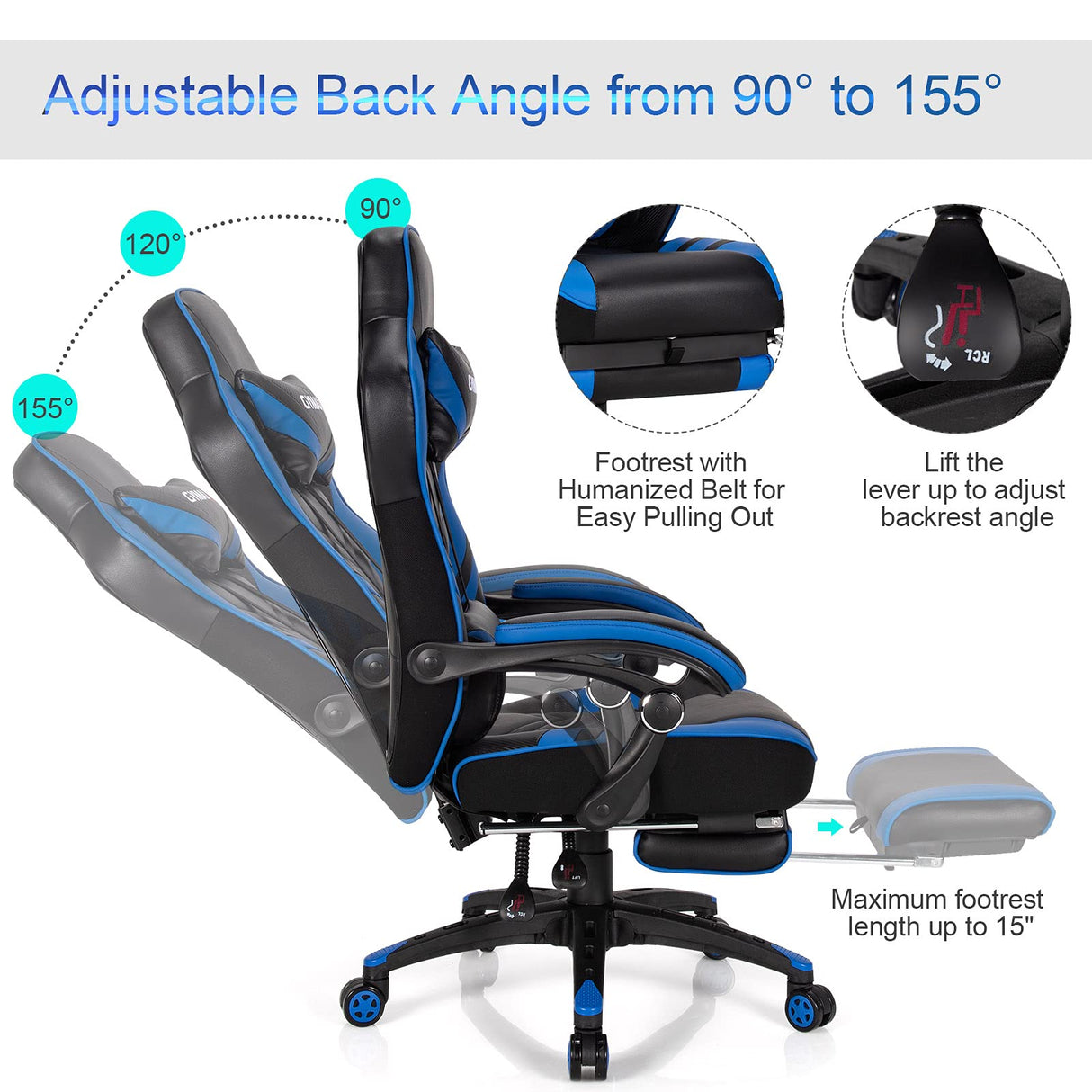 Blue Gaming Chair Ergonomic Computer Chair for Adults Teens Reclining Gamer Chair High Back Game Chair Racing Style Desk Chair with Retractable Footrest, Lumbar Support and Headrest TOMANOR