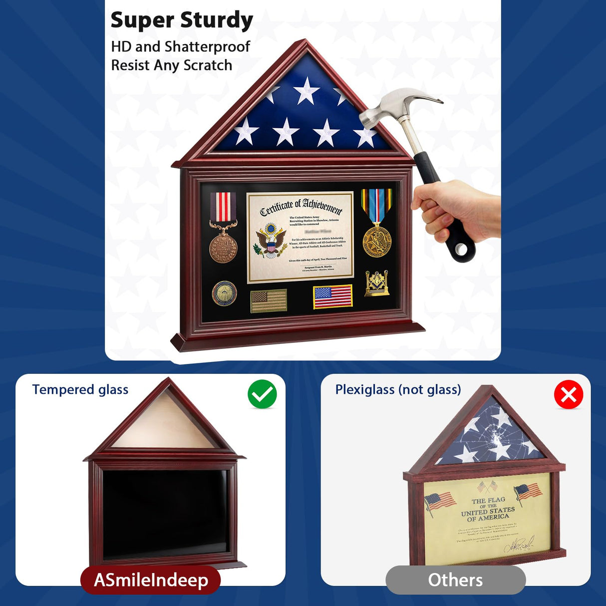 ASmileIndeep Flag Display Case Box for Folded 3'x5' American Veteran Flag Solid Wood Military Flag Certificate Shadow Box with Wall Mount Display ASmileIndeep