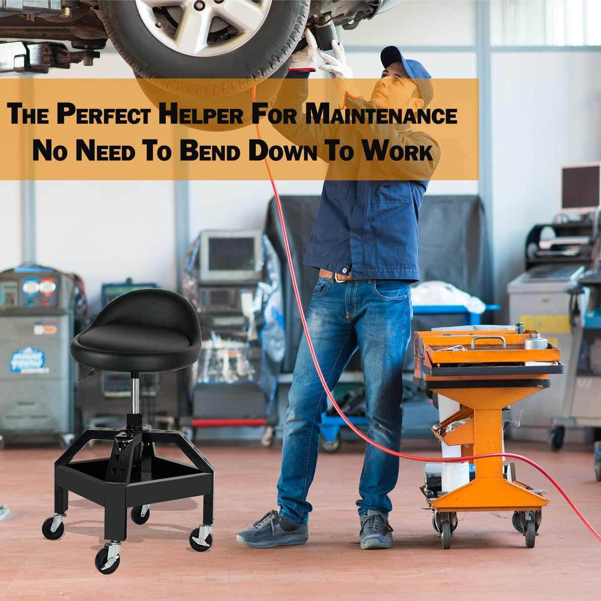 RCIACRHT Rolling Garage Shop Seat,Garage Stool with Wheels,Heavy Duty Mechanic Stool 350 Lbs Capacity Storage with Tool Tray,Lockable 360°Wheels,Adjustable Heigh Workshop Stool RCIACRHT