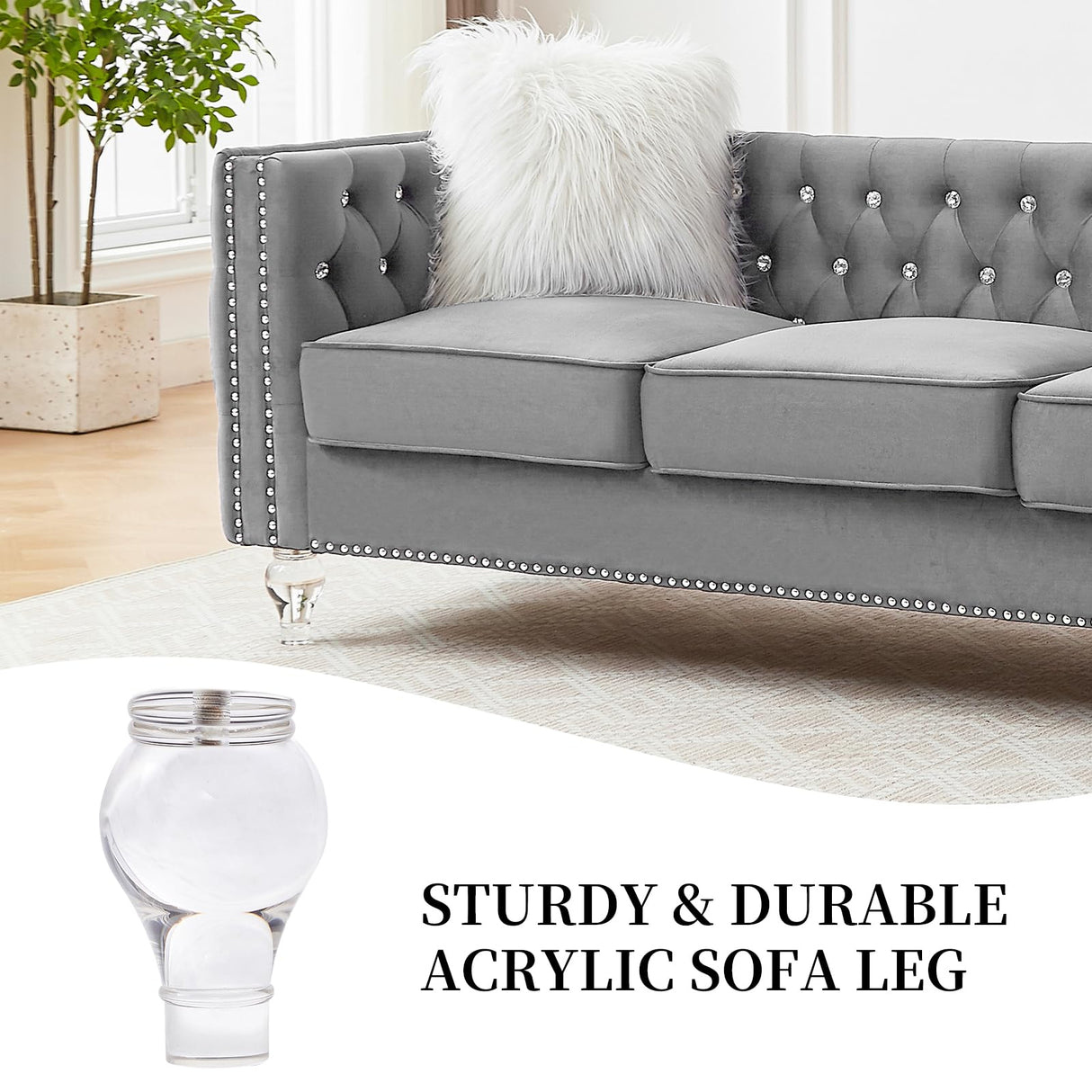 Homies Life 83" Chesterfield Sofa, Velvet Mid-Century Modern Upholstered Couch with 2 Throw Pillows and Acrylic Legs, Nailhead Button Tufted Vintage Sofa for Living Room, Apartment, Office, Grey Homies Life