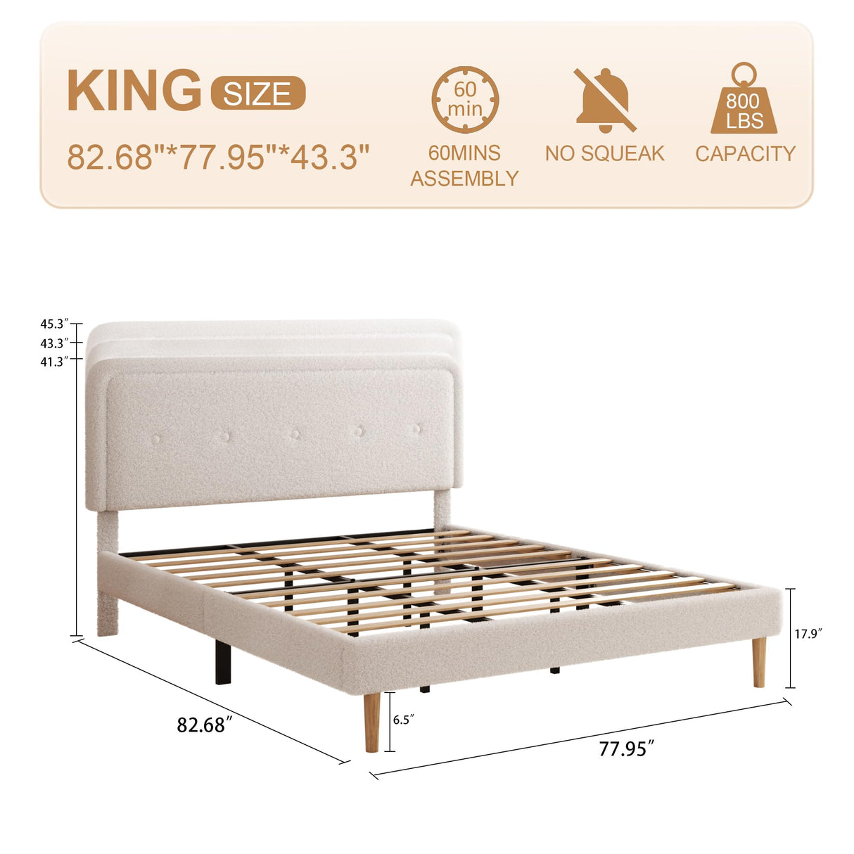 viplov King Size Boucle Bed Frame, Upholstered Platform Bed Frame with Adjustable Headboard, Anti-Collision Soft Rounded Corners, No Box Spring Needed, Easy Assembly, Noise Free, White viplov