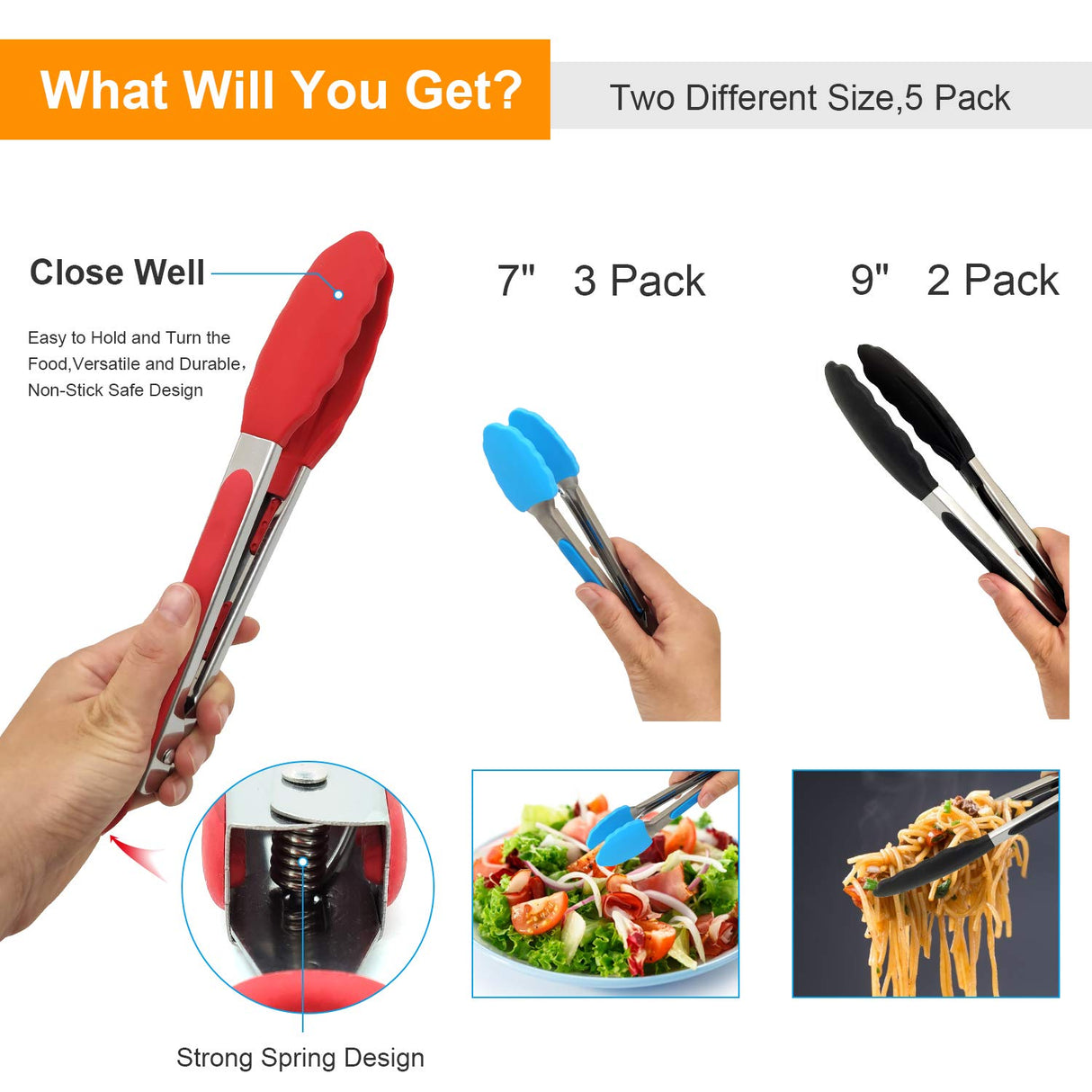 Kitchen Tongs with Silicone Tips - ForTomorrow Set of 5, 7 9 Inch Premium Silicone Tipped Tongs for Cooking Heat Resistant, Serving Food, BBQ ForTomorrow