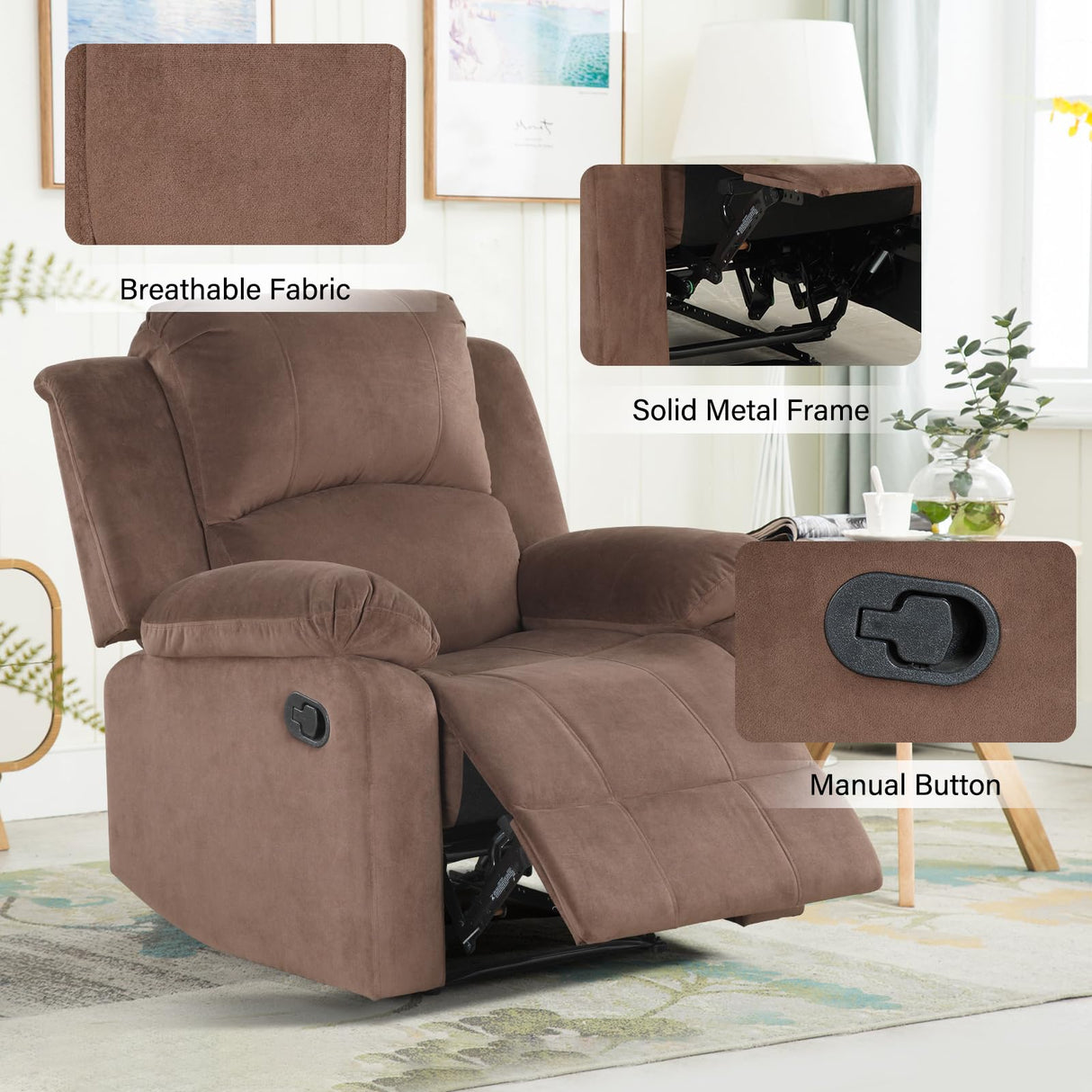 CANMOV Manual Recliner Chair, Soft Fabric Overstuffed Recliner Single Sofa Chair for Living Room Bedroom, Heavy Duty and Safety Reclining Mechanism, Light Brown CANMOV