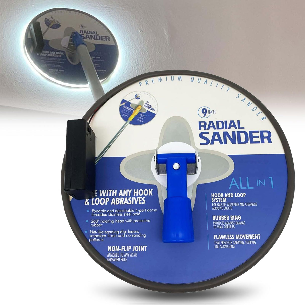 9 inch Drywall Sander,360 Degree Rotary Round Ceiling Radial Sander,Circular Handing Pole Wall Sander for Dry Wall and Painting(with Light Strip) VOLSIVE