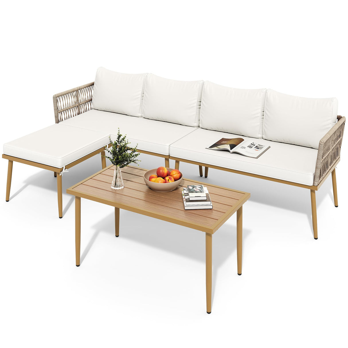DWVO 6 Pieces Patio Furniture Set, L Couch Outdoor with Coffee Table&Washable Cushions, Outdoor Patio Sectional Wicker Rattan Conversation Sectional Set for Garden Yard Pool Beige DWVO