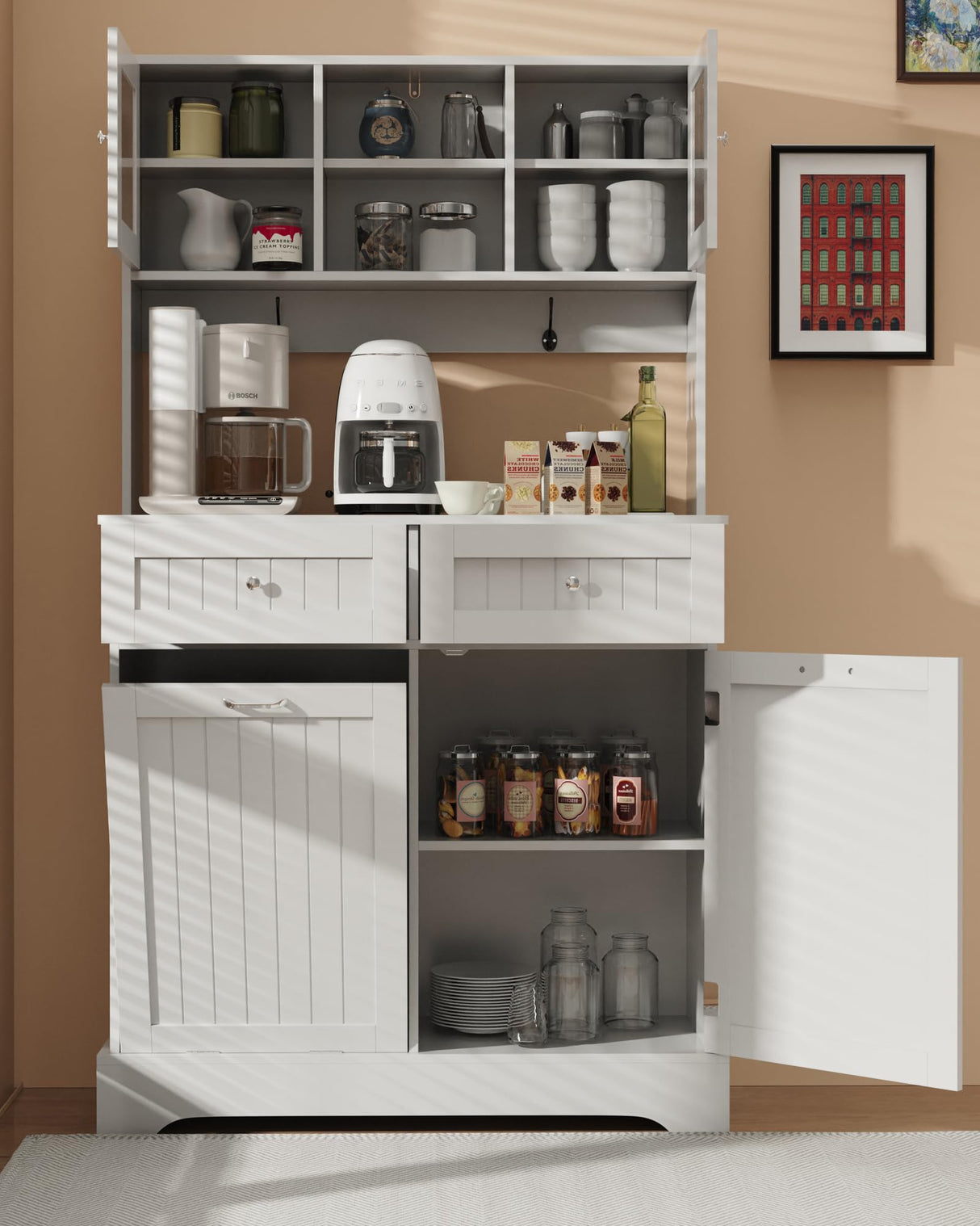 YOCONYO Tilt Out Trash Cabinet,Storage Cabinet,Two Solid Wood Hideaway Trash Holder Drawers,Wooden Freestanding Recycling Cabinets,Trash Can for Kitchen,White YOCONYO