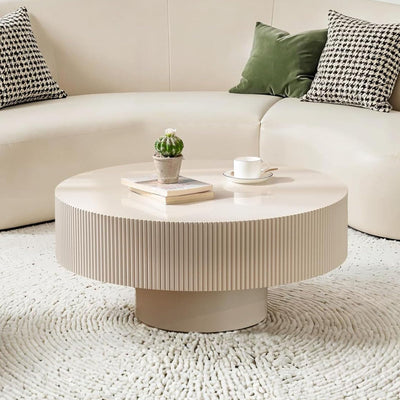 Modern Wood Round Coffee Table - Handcraft Drum Coffee Tables with Sturdy Base, Easy Assembly, Contemporary Style Small Coffee Table Tea Table for Living Room, Bedroom, Office (White Thick)