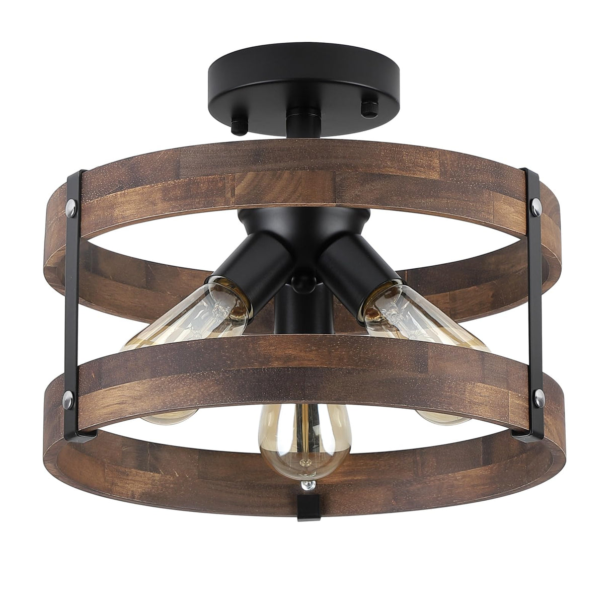 3-Light Rustic Farmhouse Wood Flush Mount Ceiling Light Fixture Oak Wood Round Drum Semi Flush Mount Ceiling Light for Hallway Hall Entry Bedroom Farmhouse Indoor, Black RKUCSR