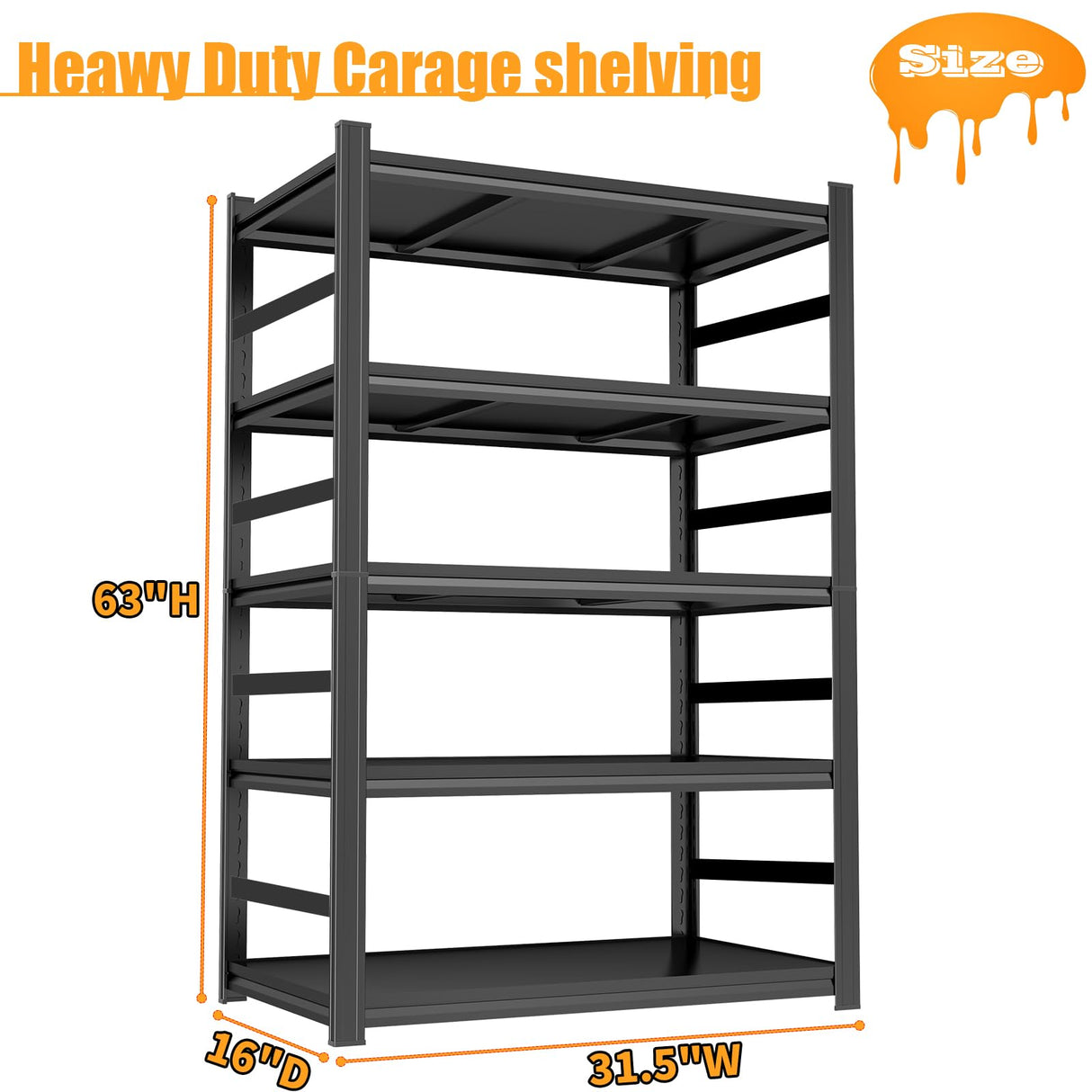 Bezuny 63" H Industrial Metal Garage Shelving, 2500LBS Heavy Duty Garage Shelves, 5 Tier Shelving Unit, Adjustable Utility Shelf Organizer Storage for Basement, Warehouse, Pantry Closet, Black Bezuny