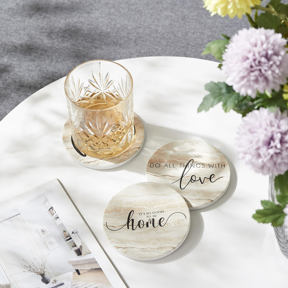 Hoomey Coasters for Drinks, Set of 6 Absorbent Drink Coasters with Holder, Rustic Ceramic Drink Coasters with Cork Backing for Table Protection, Housewarming Gifts, Farmhouse Décor Hoomey