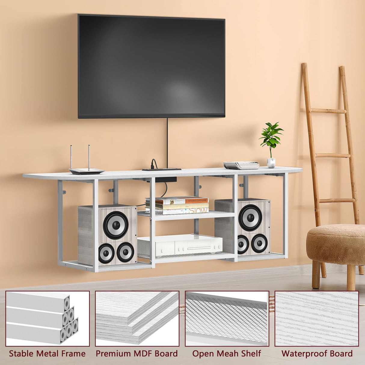 Floating TV Stand with Power Outlet for 50 60 Inches TV,Wall Mounted Media Console with Open Storage Shelves,Modern Entertainment Center for Living Room,Bedroom(White) Fogein