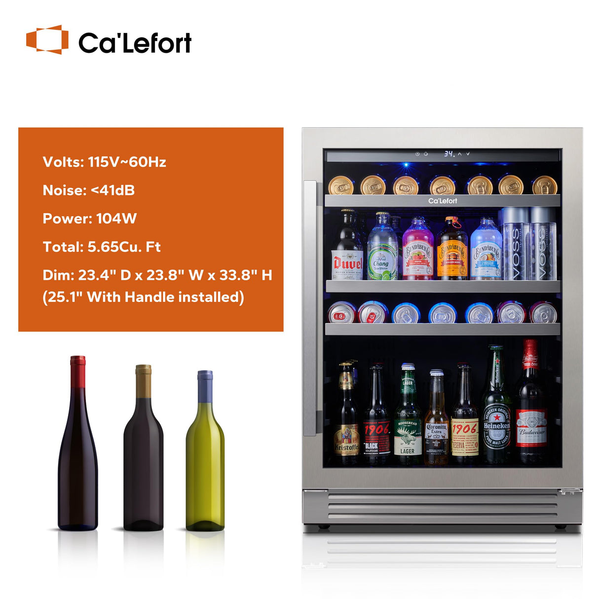 Ca'Lefort 24 Inch Beverage Refrigerator, 180 Can 34°F -54°F Beverage Fridge, Drink Fridge with Glass Door 3 LED Drink Fridge Built in or Freestanding, Perfect for Home/Kitchen(5.65 cu.ft) Ca'Lefort