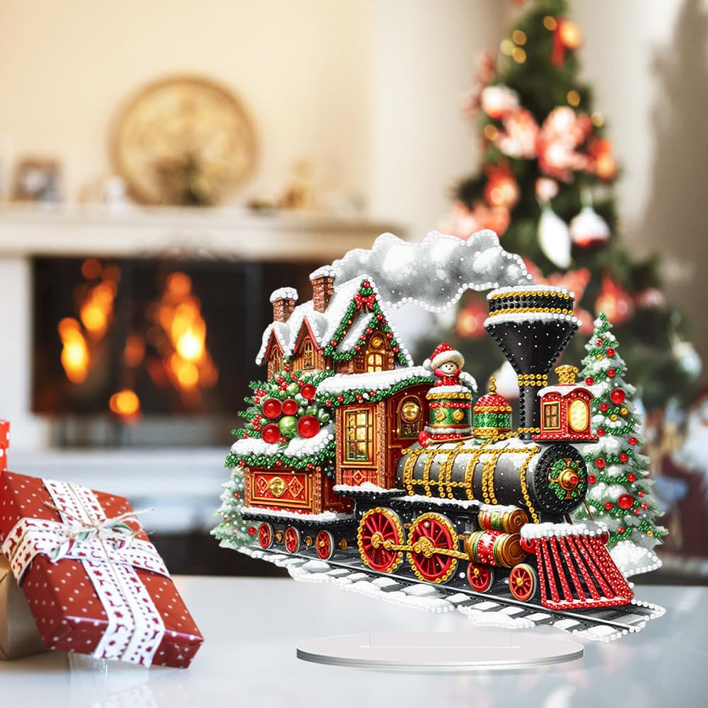 POETRYDRAW DIY Diamond Art Ornament Desktop Kit Christmas Train Tree, Stand Up Acrylic Diamonds Painting Ornament for Adults, 5D Special Diamond Gem Craft Tabletop Placement Board Kit POETRYDRAW
