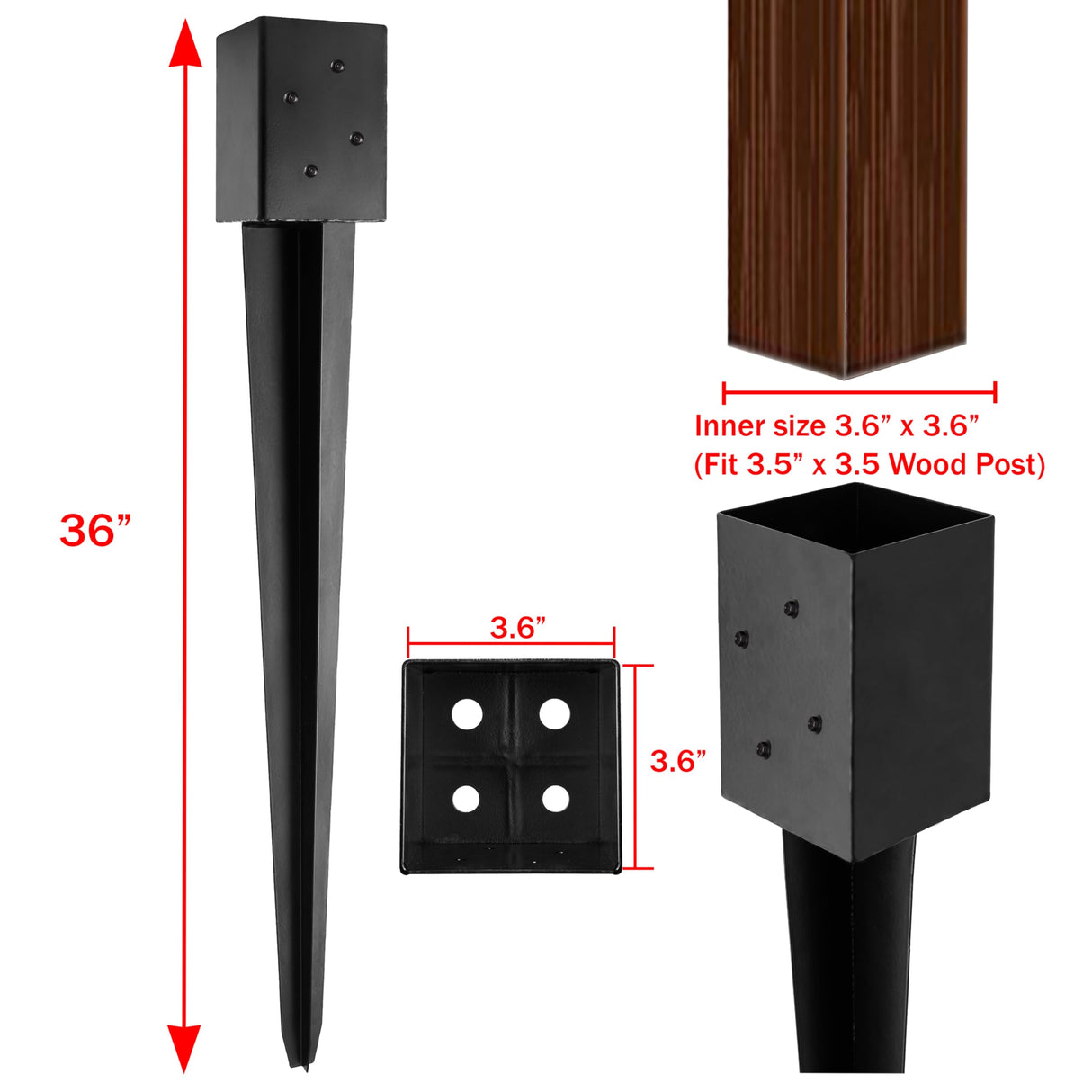LADECH 4x4 Fence Post Anchor 36' Black Powder Coated Metal Ground Spike Mailbox Post Anchors Pack of 4 LADECH