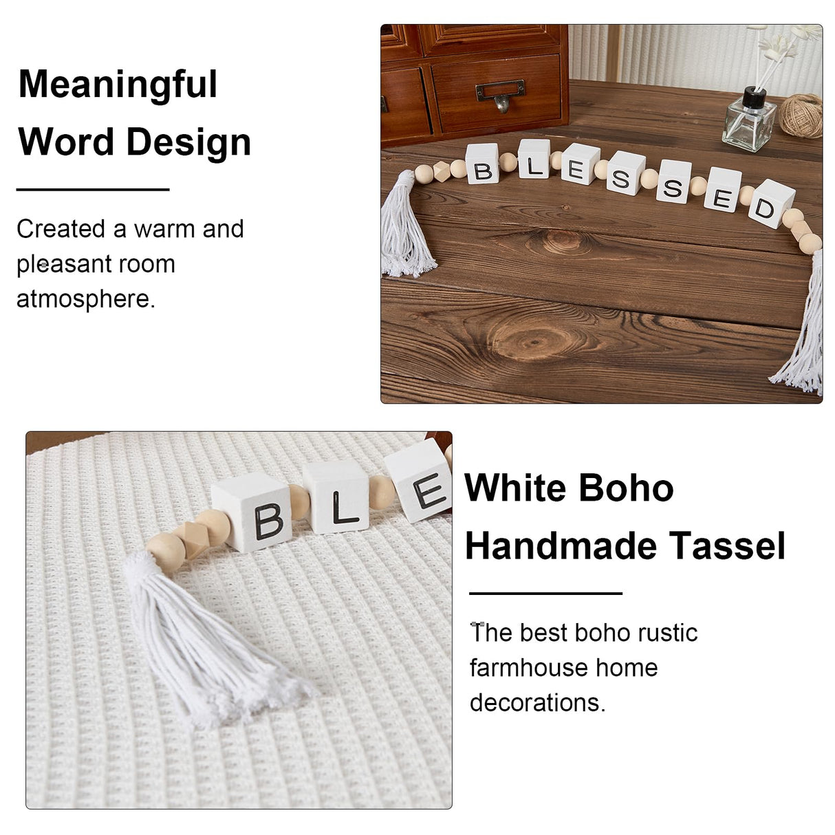 Blessed Letter Block Wood Bead Garland with Tassels, Farmhouse Decorative Beads, Modern Wooden Beads Garland for Tabletop, Tiered Tray, Mantel, Blessed Decor HEYTUYA
