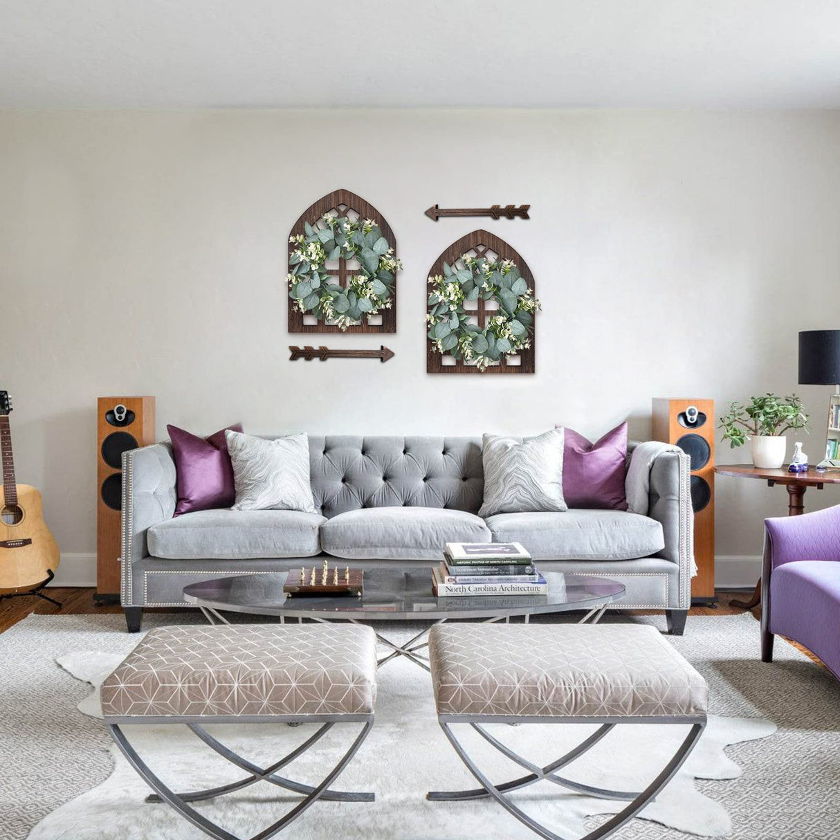 WAKOSAN Rustic Wood Window Frame with Green Wreath and Arrows Wall Decor,Farmhouse Wall Decor, Wooden Fake Window Decoration,Window Pane Wall Decor,Set of 2 (windows brown) WAKOSAN