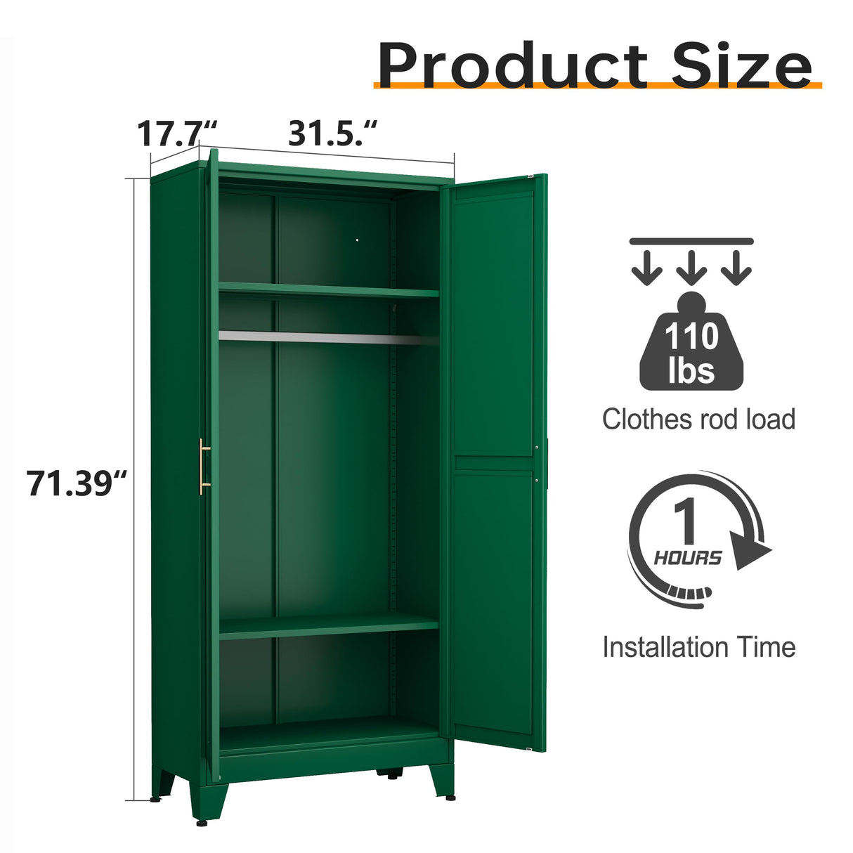 RISTERN Metal Armoire Wardrobe Closet with Hanging Rod, Clothing Storage Cabinet with Adjustable Shelves for Laundry Room, Bedroom, Home Office, Bathroom, 71" Green RISTERN