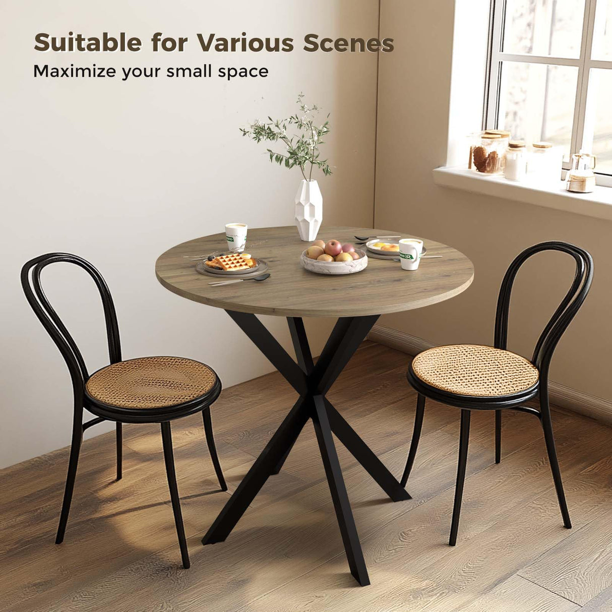 Unovivy 31.5" Small Round Dining Table for 2-4 People, Modern Narrow Circle Desk with X-Shaped Metal Legs and Wooden Tabletop, Suitable for Restaurant, Kitchen, Rustic Brown Unovivy