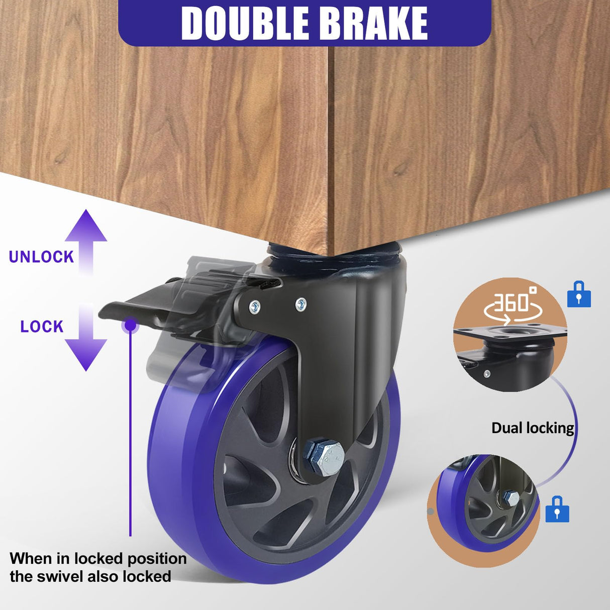 6 Inch Caster Wheels 3000lbs,Heavy Duty Casters Set of 4 with Brake, No Noise Polyurethane Swivel Caster Wheels for Cart,Furniture,Workbench(Free Screws & Spanners) Wieyunn