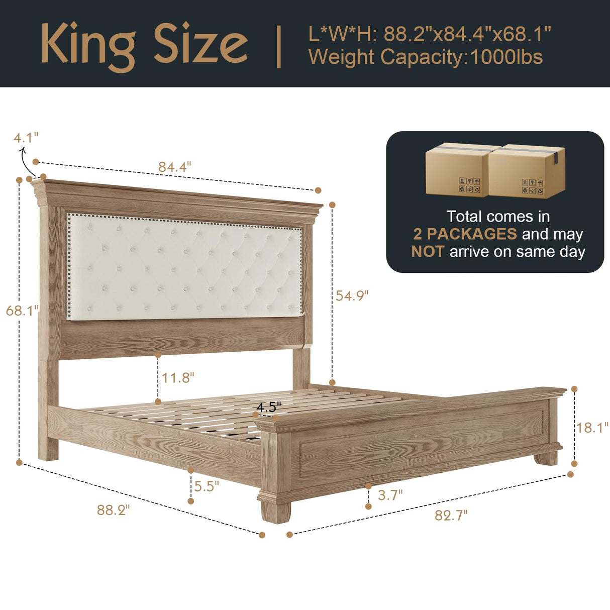 YUMPIE Rustic Solid Wood King Bed Frame with 68" Tall Headboard, Chenille Upholstered Farmhouse Panel Platform Bed Mattress Frame, Button Tufted/Antique Brass Nail Trim/No Box Spring Needed, Milk Ash YUMPIE