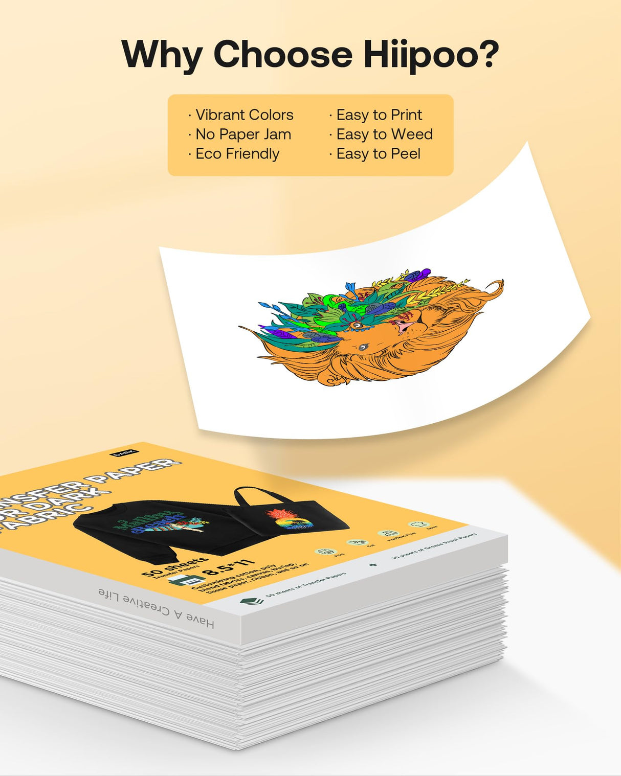 Hiipoo Heat Transfer Paper for T Shirts 25 Sheets, 8.5"x11" Printable Heat Transfer Vinyl for Inkjet Printer Iron on Transfers for Dark Fabric Hiipoo