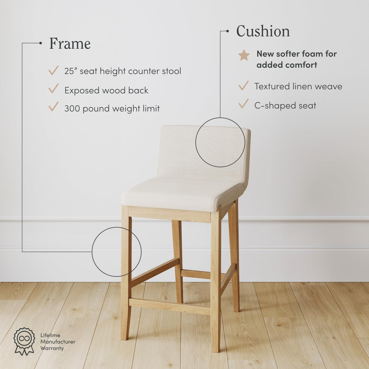 Nathan James Gracie Modern Counter Height Bar Stool with Back, Counter Stool Upholstered Chair with Natural Textured Linen and Brushed Wooden Legs, Cream Boucle/Light Brown Nathan James