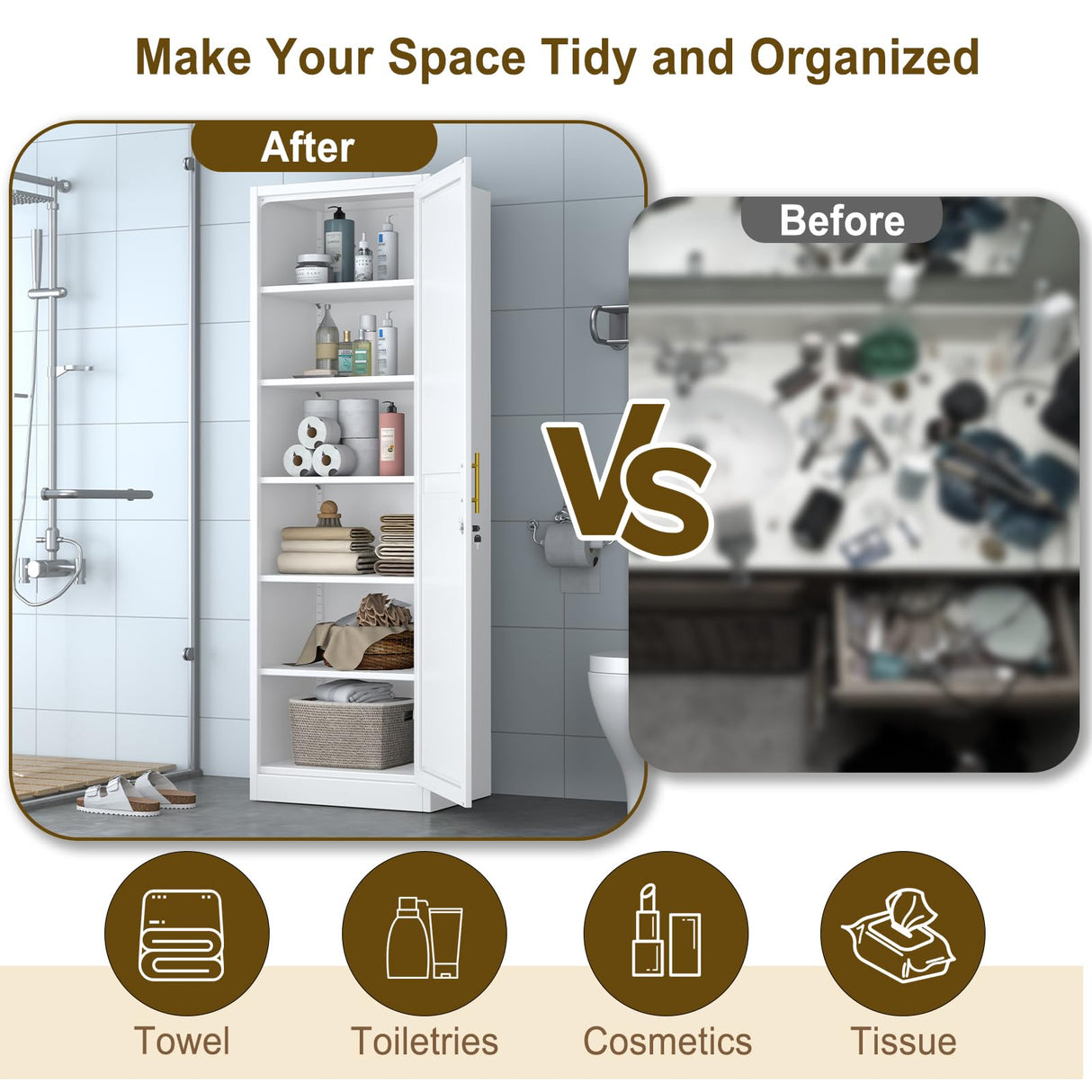 pozdeg 67" Metal Storage Cabinet with Lock, Tall Narrow Office File Cabinets with 5 Adjustable Shelves, Metal Steel Locker for Home, School, Office, Garage or Gym (White) pozdeg