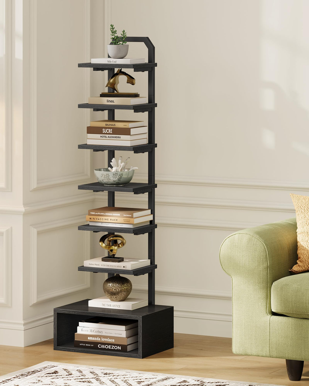 CHOEZON 8-Tier Bookshelf, LED Bookcase with Semi-Open Bottom, Small Space Standing Shelf with Lights, Corner Storage Stand, for Living Room, Home Office, Bedroom, Black TSJ08DBB CHOEZON