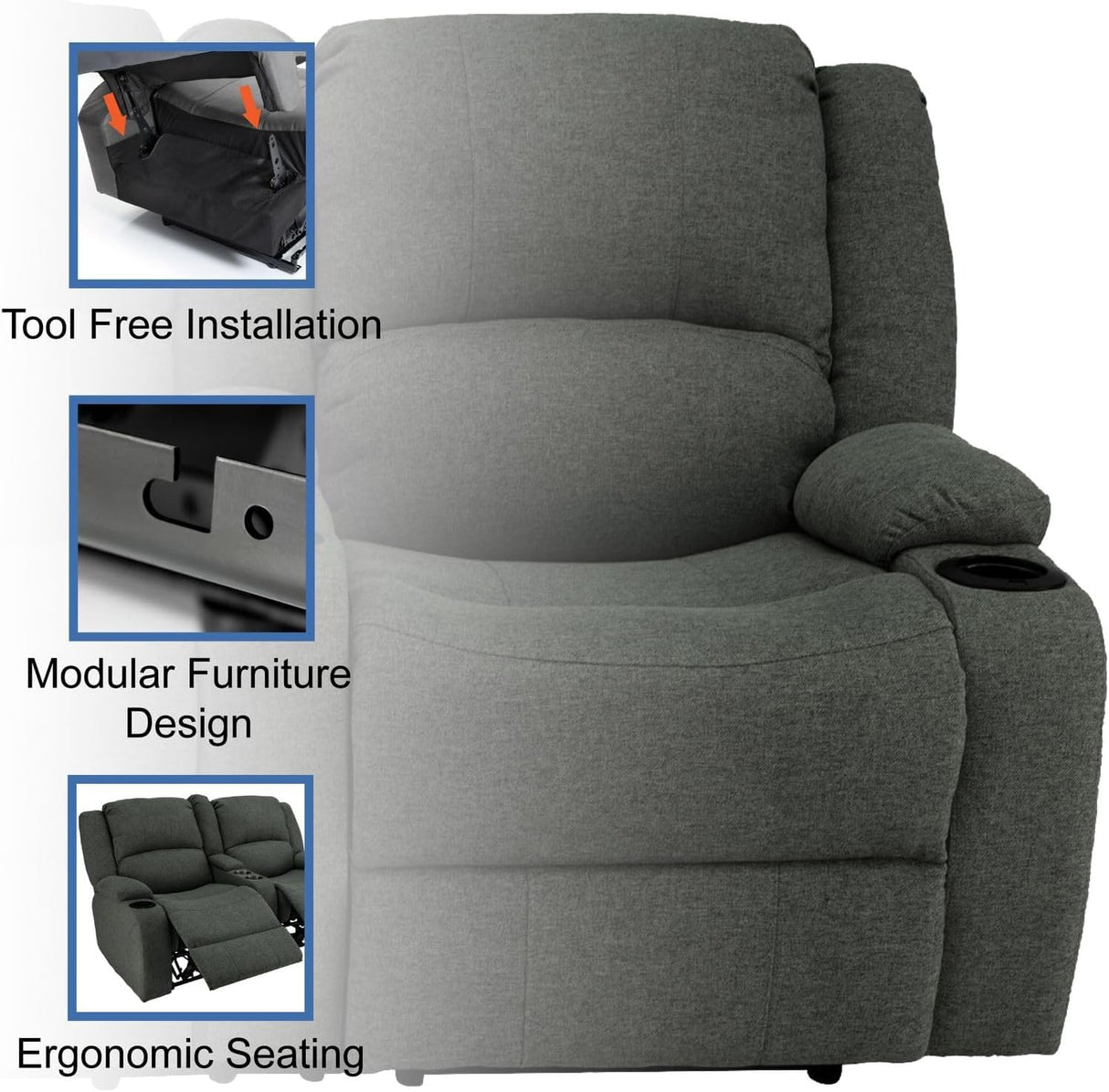 RecPro Charles Powered Double Recliner Sofa & Loveseat | Wall Hugger RV Furniture | Cloth (Fossil, 64") RecPro