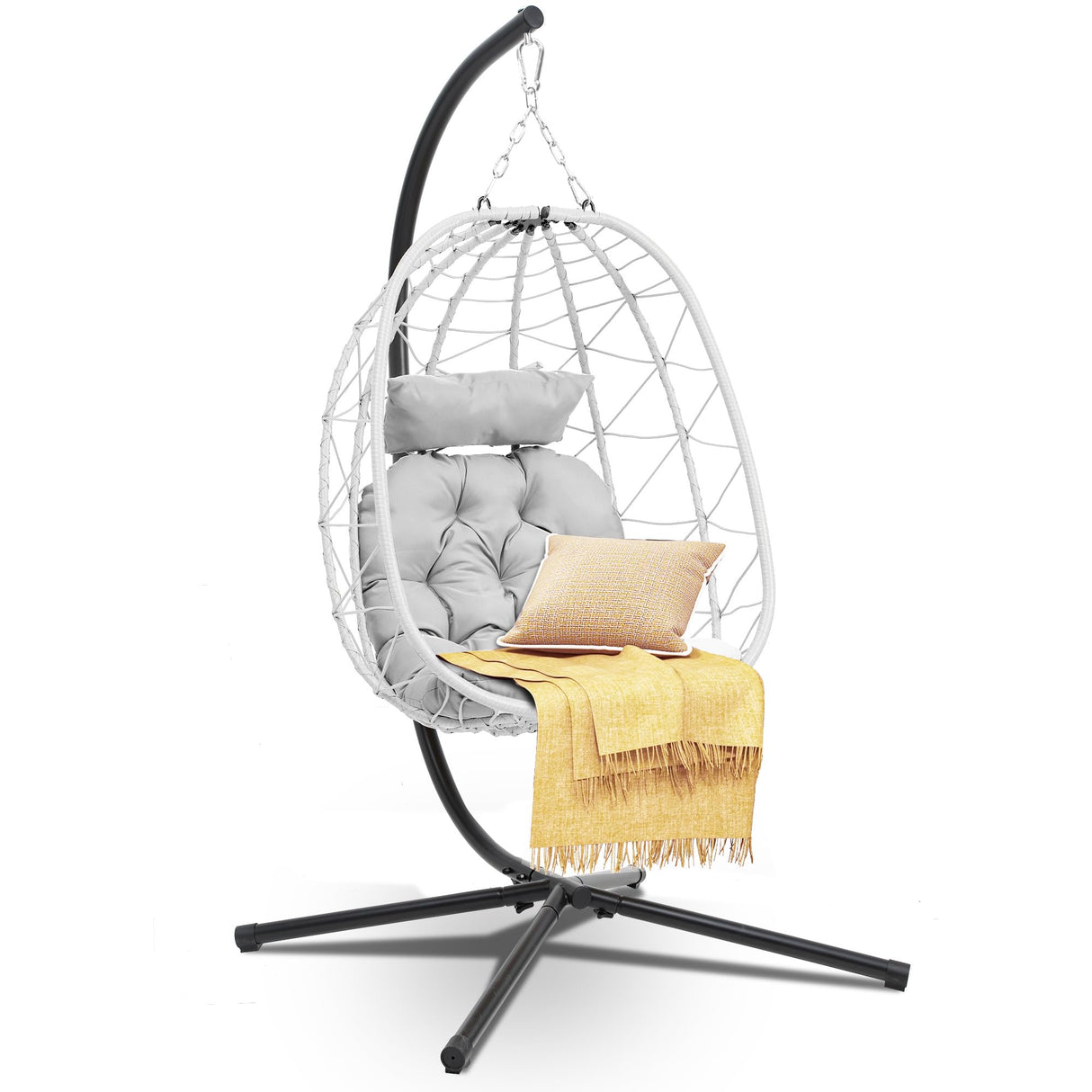 DWVO Egg Hanging Swing Chair with Stand Egg Chair Wicker Egg Chair with Cushions 330lbs for Patio, Bedroom, Garden and Balcony, Light Gray DWVO