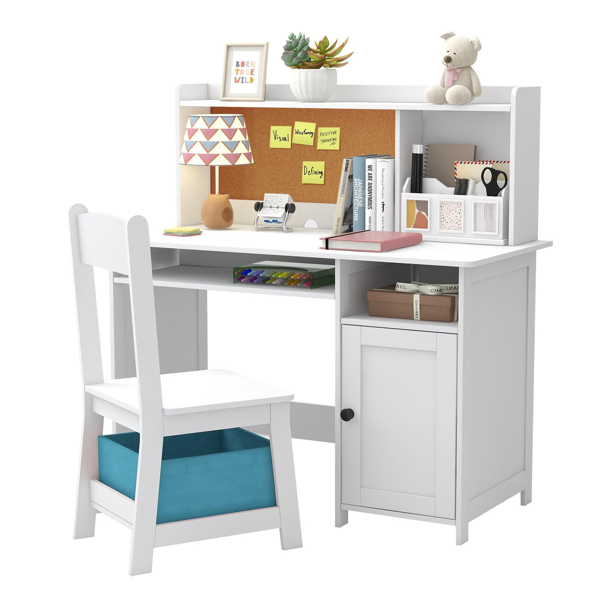 TaoHFE Kids Desk and Chair Set, Kids Desk Chair with Storage and Shelf, Wooden Kids Table and Chairs for Bedroom and Study, Craft Table with Storage Gifts for Boys, Girls to Study, White TaoHFE