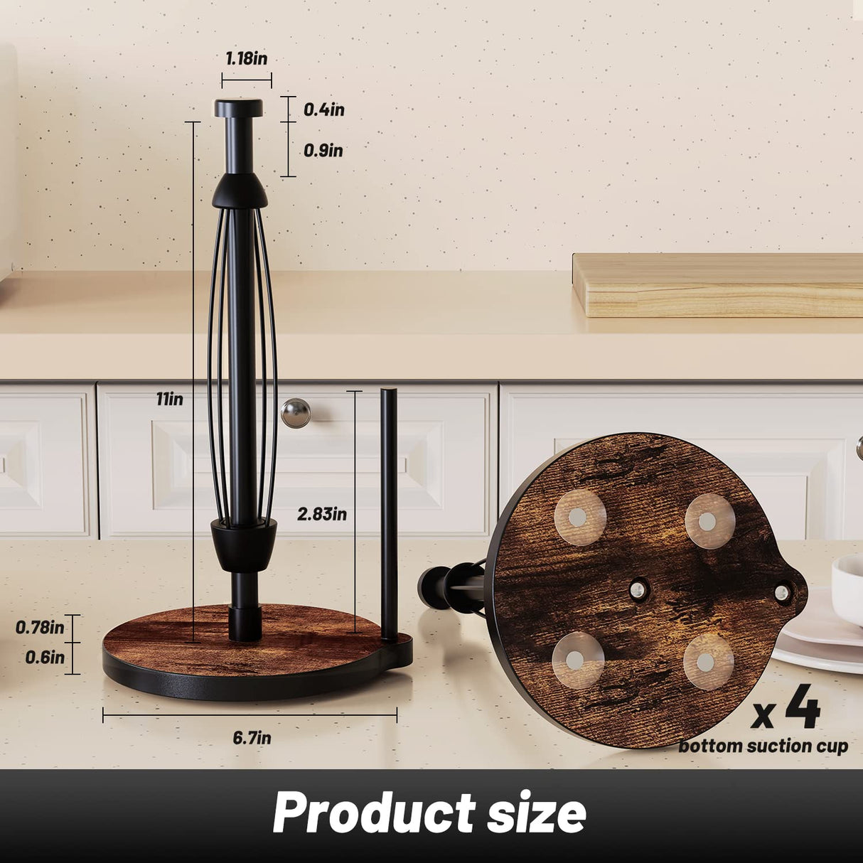 VEHHE Paper Towel Holder Countertop, One-Handed Tearing Wood Paper Towel Holder Farmhouse with Ratchet System and Suction Cups, Stainless Steel Paper Towel Holders for Bathroom and Kitchen VEHHE