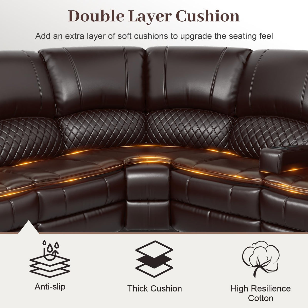 Yolsali Home Theater Seating Reclining Sectional Sofa, 5 Seats Soft Leather Recliner Corner Sectional Couch, Recliner Couch with USB Charging, Thickened Padding, Sturdy Frame, Brown Yolsali