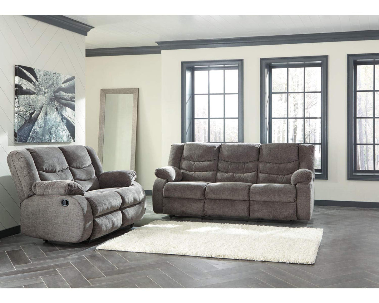 Signature Design by Ashley Tulen Modern Manual Pull Tab Reclining Loveseat, Dark Gray Signature Design by Ashley