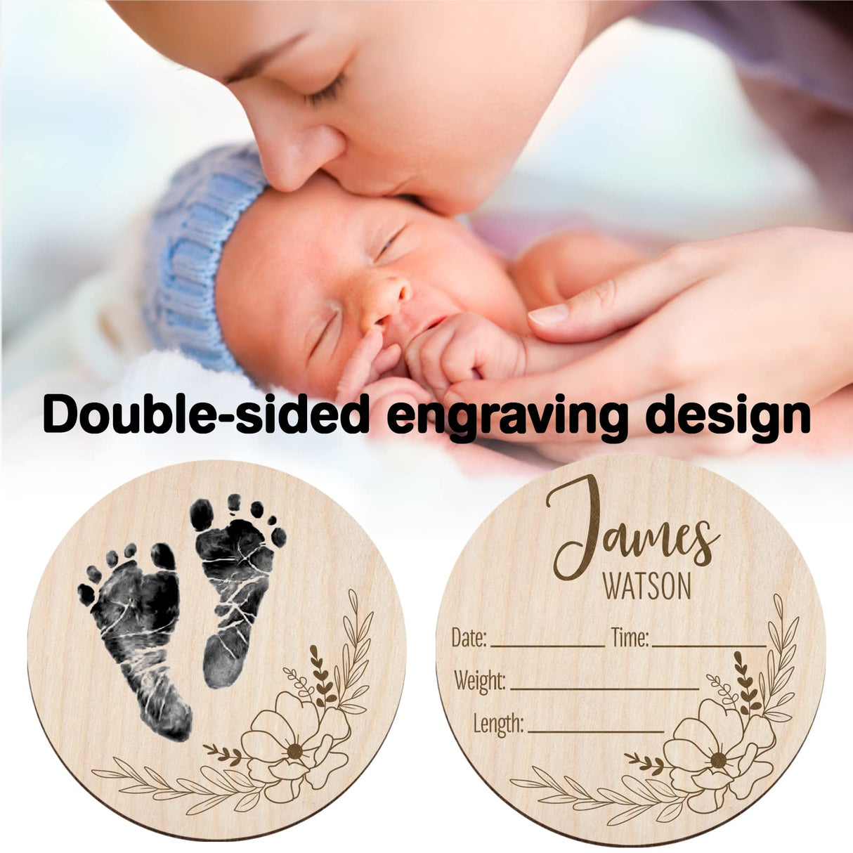 Mayyi Newborn Birth Announcement Sign,Personalized Newborn Handprint and Footprint Sign,Custom Engraved Wooden Baby Name Sign,Newborn Photo Props, Mayyi