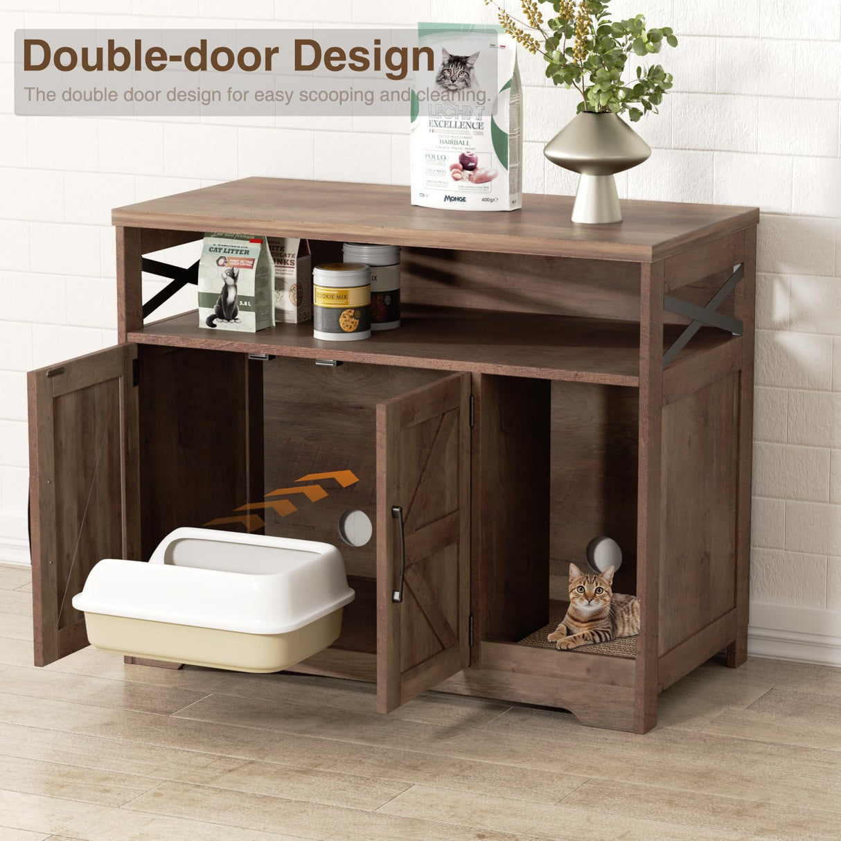 Halitaa Cat Litter Box Enclosure, Hidden Litter Box Furniture with Scratch Pad, Farmhouse Indoor Cat House Washroom End Table, Retro Brown Halitaa