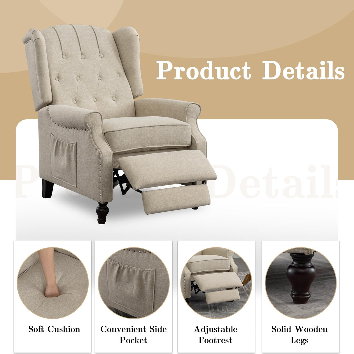 SENIFIS Pushback Recliner Chair, Linen Elizabeth Tufted Armchair Accent Chair with Massage &Heat, Mid Century Modern Wingback Single Sofa Chairs for Living Room, Small Space, Home Theater (White) SENIFIS