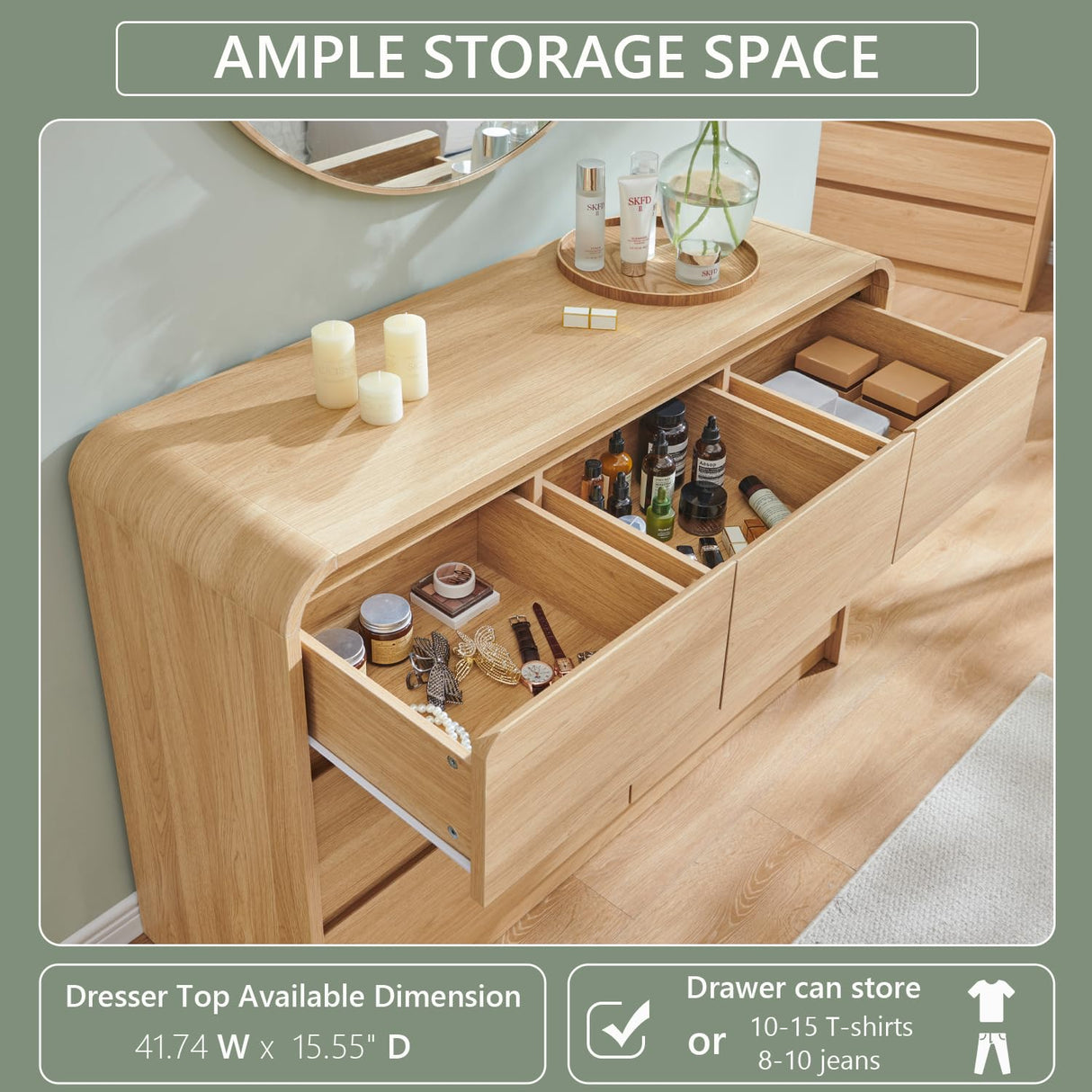 Aitjunz Modern 7 Drawers Dresser for Bedroom, 47" Wide Wood Dressers & Chests of Drawers w/Curved Profile Design, Mid Century Modern Dresser w/Natural Texture for Bedroom, Living Room, Natural Oak Aitjunz