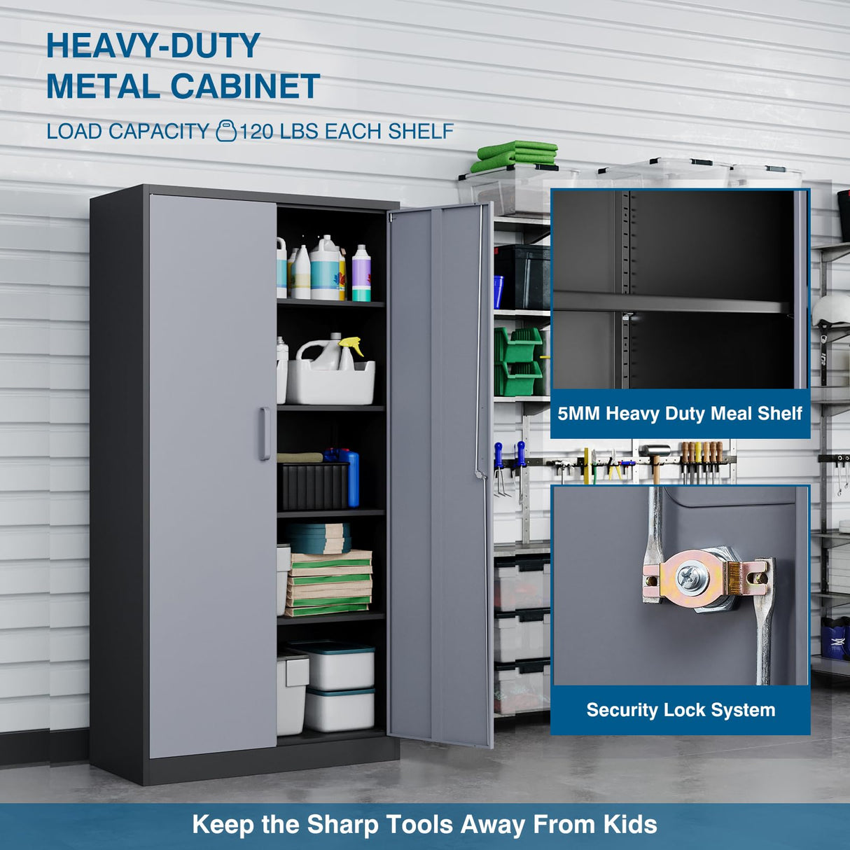 PEUKC Metal Garage Storage Cabinet, 71 Inch Tall Storage Cabinet with Adjustable Shelves & Locking Doors, Tool Cabinets for Garage,Office,Home,School,Gym Storage (Grey+Black) PEUKC