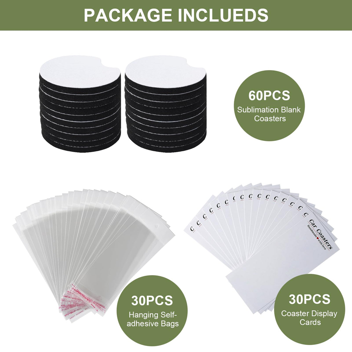 120Pcs Sublimation Blank Car Coasters Packaging for Selling,Include 60Pcs Circular 2.75 in/5mm Blank Sublimation Coasters,30Pcs Car Coasters Display Cards and 30Pcs Hanging Self-Sealing Bags Deobath