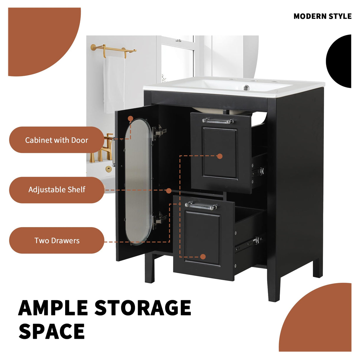 Harper & Bright Designs 24" Bathroom Vanity with Sink, Free Standing Single Basin Vanity Set with Two Drawers and Glass Door, Modern Wooden Bathroom Cabinet with Ceramic Basin for Bathroom, Black Harper & Bright Designs