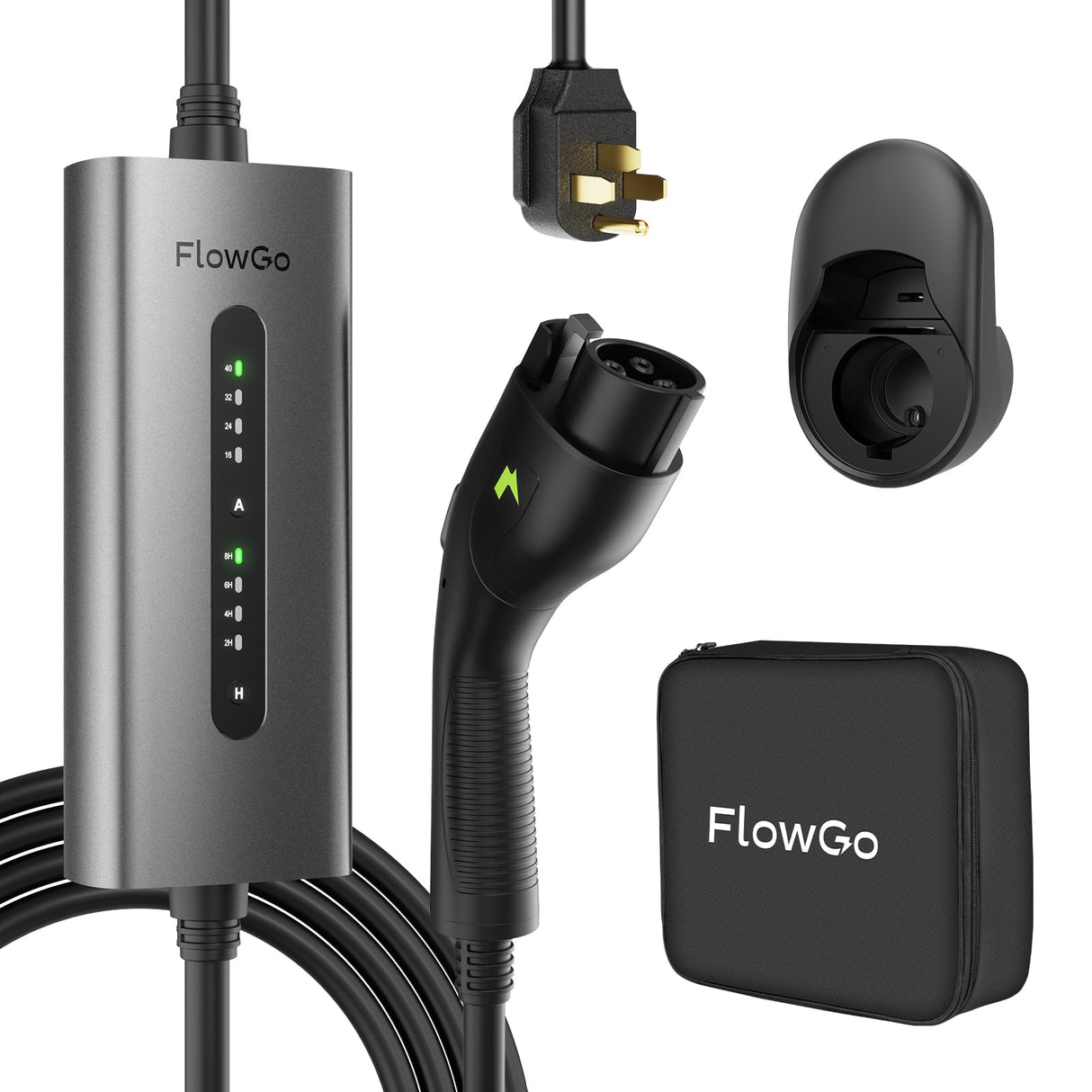 FlowGo Level 2 EV Charger 40A J1772 Connector 9.6KW Electric Car Charger 240V with 14-50 Plug 25 FT Cable 15-40 Amps Adjustable Current Mobile Vehicle Charging Station for All EVs FlowGo