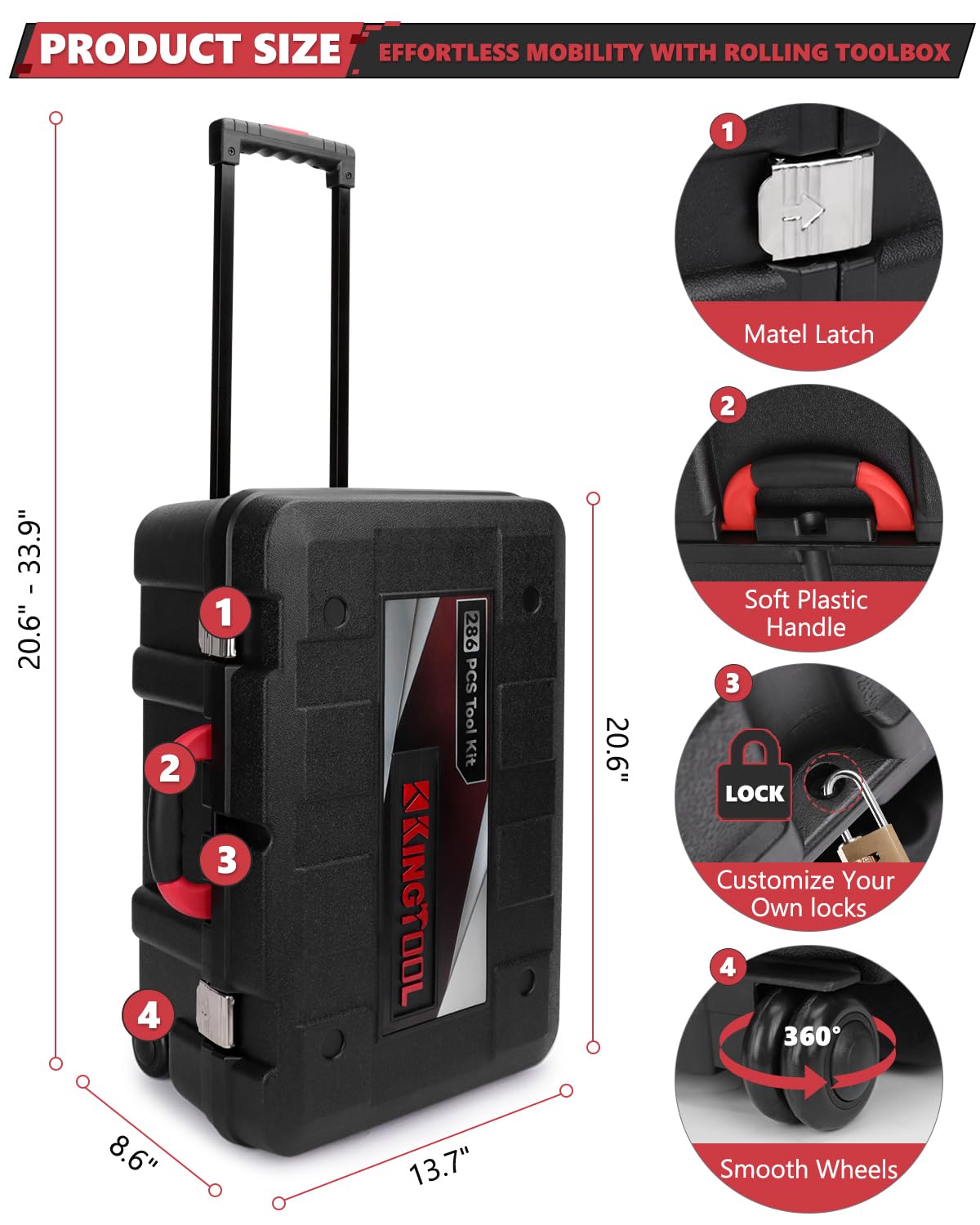 KingTool Home Tool Set Kit - 286 PCS Home Auto Repair Tool Kit with Rolling Tool Box, Mechanic Tool Sets with 21V Max Cordless Power drill, Perfect for Homeowner, Diyer, Handyman KINGTOOL