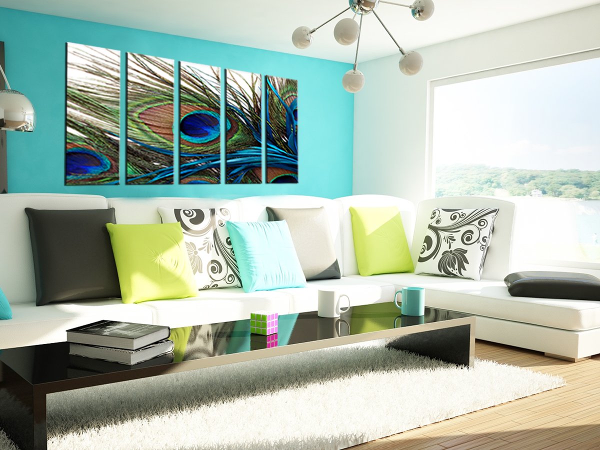 Wall Art for Living Room Bedroom Decoration Peacock Painting Canvas Print Framed Art Animal Feather Plume Modern Art for Office Wall Décor Teal Blue Green 5 Panels Large Size CANVASZON
