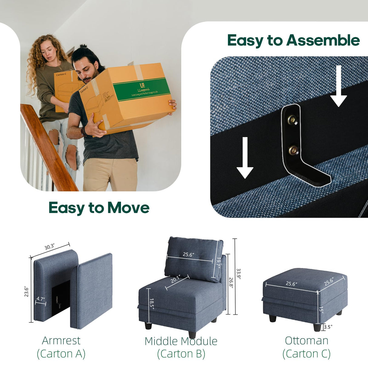 LLappuil Oversized Sectional Sofa Modular Couch with Storage, 10 Seater U Shaped Sectional Couches Set for Living Room, Denim Blue LLappuil