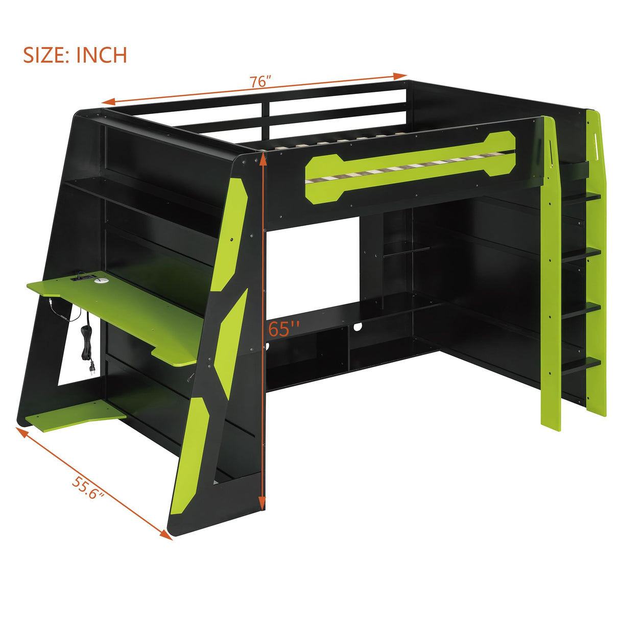 HZSMHDZKJ Full Size Esports Style Loft Bed with Desk, Multi-Storage Shelves, LED and Charging Station, Wooden Gaming Loft Bed Frame with Ladder and Safety Guardrail for Kids Teens Adults (Green) HZSMHDZKJ