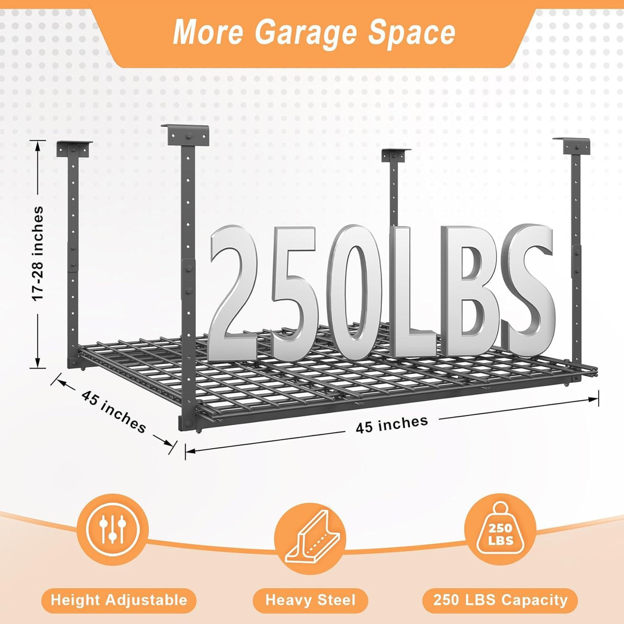 Jusgym 45-Inch x 45-Inch Overhead Garage Storage Rack, 17"-28" Height Adjustable Garage Ceiling Storage Racks, Heavy Duty Storage Organizer System, 250LBS Weight Capacity, Black Jusgym