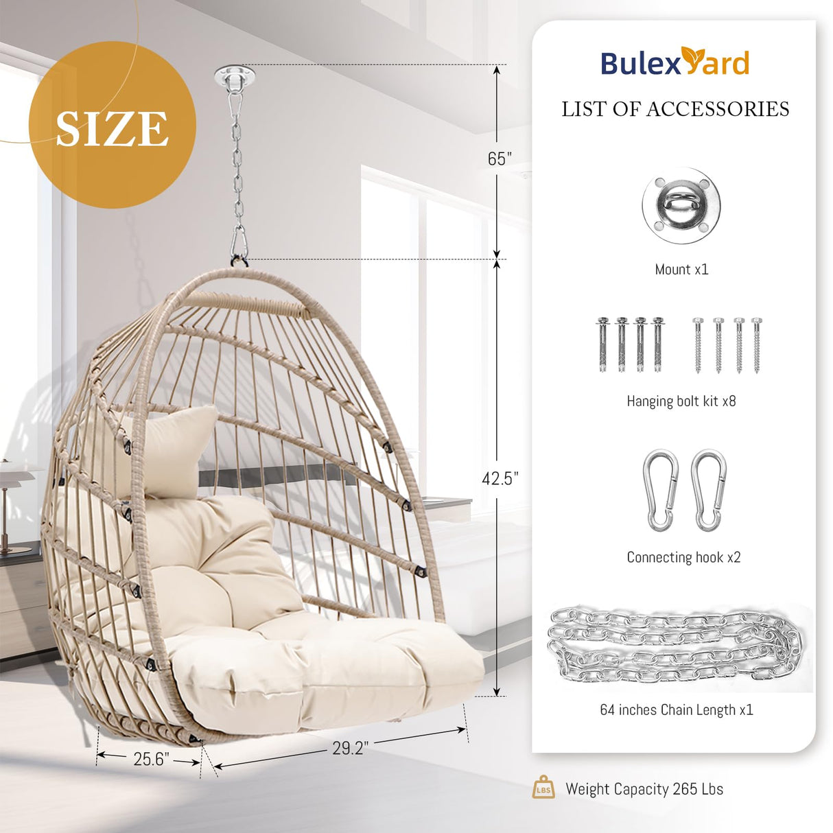 Swing Egg Chair Without Stand Indoor Outdoor Wicker Rattan Patio Basket Hanging Chair no Stand with UV Resistant Cushions 265lbs Capacity for Bedroom Balcony Patio (Beige) BULEXYARD