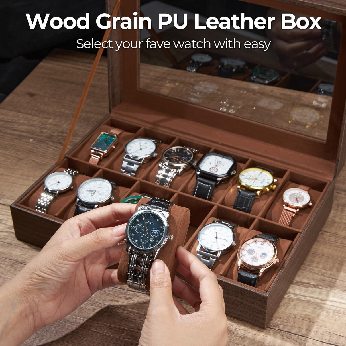 Ohuhu Watch Cases for Men, 12-Slot Watch Box Wood Grain PU Leather - Watch Case Holder Real Glass Lid Jewelry Storage Soft Velvet Watch Organizer Box for Men and Women Fathers Day Ohuhu