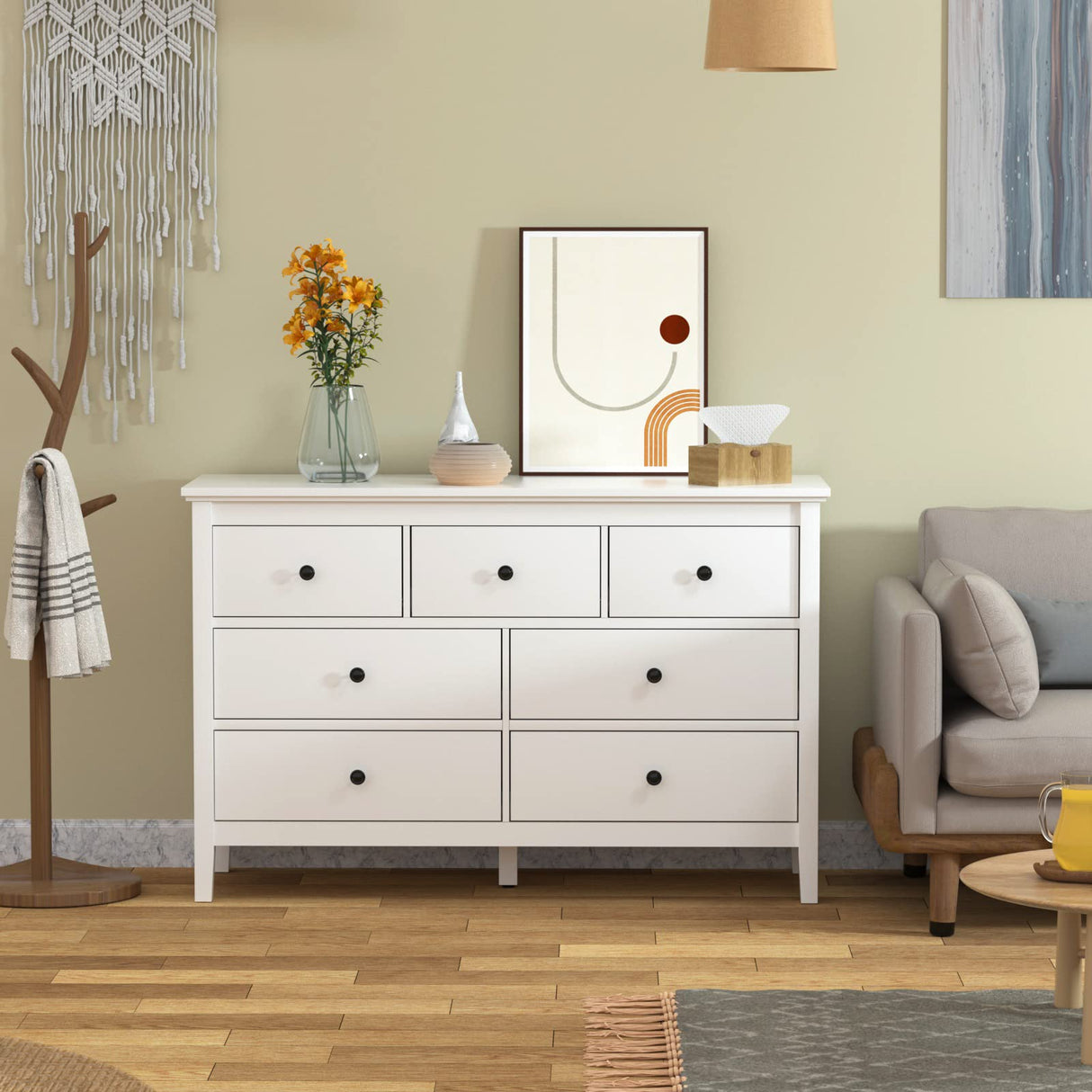 CARPETNAL White Modern Dresser for Bedroom, 7 Drawer Double Dresser with Wide Drawer and Metal Handles, Wood Dressers & Chests of Drawers for CARPETNAL